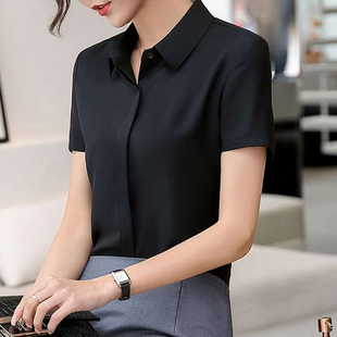 黑衬衫女夏季短袖职业装韩版修身百搭大码工装学生雪纺白衬衣上衣