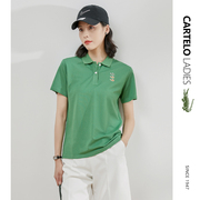 鳄鱼绿色Polo领T恤女夏季短袖纯色小个子宽松刺绣运动Polo衫