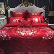 床单被套结婚套件1.8m床上用品婚庆四件套大红新婚喜被中式刺绣