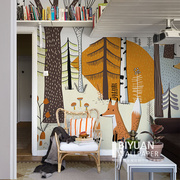 北欧插画动物丛林背景墙壁纸，定制壁画卧室儿童，房手绘墙纸无缝墙布