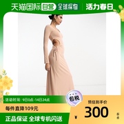 香港直邮潮奢asos女士，设计圆领褶皱侧边长袖，浅粉色长款连衣裙