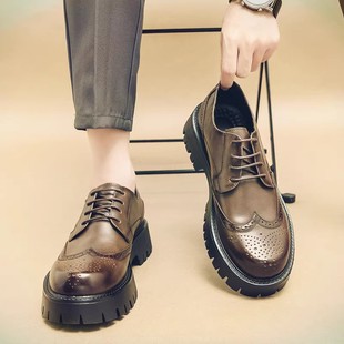 皮鞋男春季青年英伦风大头低帮布洛克商务休闲百搭韩版增高工装鞋