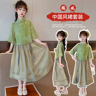 大童女装一米二三四五六年级七八九十岁小孩，夏裙汉服套装女裙子绿