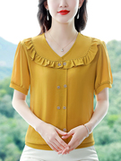 黄色短袖雪纺衫女夏季2024妈妈，时尚上衣潮遮肚子减龄洋气小衫