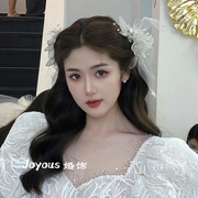 韩式超仙串珠花朵对夹森系新娘婚纱礼服头饰边夹结婚影楼跟妆发饰