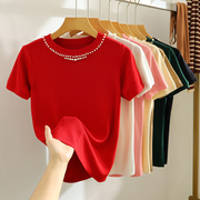 钉珠针织衫短袖T恤女夏薄款2023设计感别致红色圆领上衣ins潮