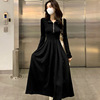 黑色长袖连衣裙女秋季2024小众半拉链，设计收腰显瘦中长款裙子