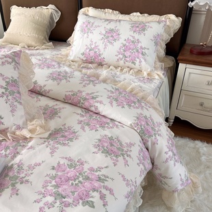 法式浪漫碎花纯棉床上四件套全棉田园公主风蕾丝荷叶花边被套玫瑰