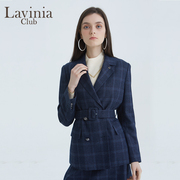 Lavinia Club/拉维妮娅春秋腰带学院风格子西装女装外套/蓝格