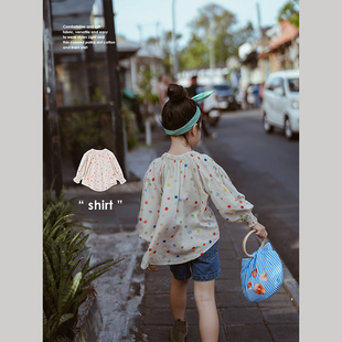 史豌豆(史豌豆)女童轻薄彩色波点棉麻衬衫，2024春季洋气女宝宝长袖衬衣