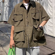 日系军绿短袖衬衫男夏季纯色宽松大码多口袋工装半袖高街cec衬衣