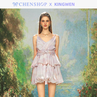 KINGWEN时尚粉紫色印花水光缎蛋糕裙连衣裙女CHENSHOP设计师品牌