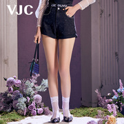 VJC/威杰思春夏女装黑色牛仔短裤字母印花高腰直筒短裤