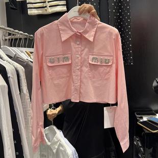向日葵设计感短款高腰衬衣白色粉色衬衫女夏季洋气烫钻POLO领上衣