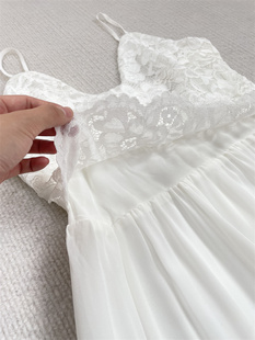 F3白色蕾丝吊带~外单纯元23年夏季法式气质女士V领连衣裙