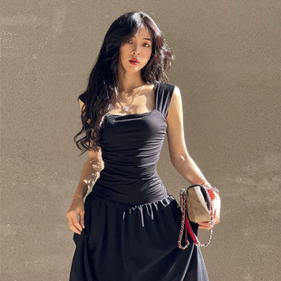 girlsat18纯欲宽肩带雪纺吊带连衣裙，女性感气质优雅黑色显瘦裙子