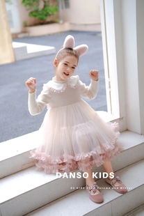 韩版品牌DS童装女童娃娃领网纱兔耳朵连衣裙公主礼服春秋冬含羊毛