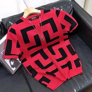 几何图案打底针织短袖毛衣红色潮牌修身大码时尚英伦撞色半袖