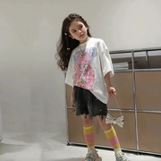 夏季韩国亲子装女童时尚美少女，纯棉宽松短袖t恤甜美卡通半袖上衣