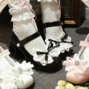 公主舞会久久lolita原创法式优雅蕾丝蝴蝶结，玛丽珍方头粗跟女单鞋
