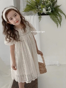 2024夏韩国(夏韩国)版女童，杏色森系刺绣，提花棉布连衣裙甜美长裙