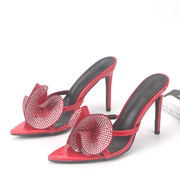 外贸夏~红色蝴蝶结高跟鞋水钻时尚性感尖头露趾细跟女凉拖鞋