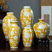 复古风六边黄色釉陶瓷花瓶家居摆件家装饰品创意花瓶高级感可水培