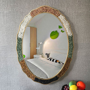 地中海风格石子新中式椭圆壁挂墙式卫生间厕所浴室镜梳妆化妆镜子
