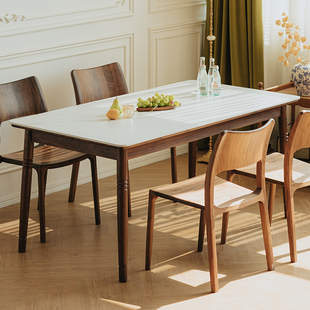 物应岩板餐桌黑胡桃木，实木长方形饭桌北欧家用小户型，餐桌椅组合
