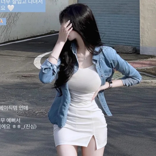 在途~韩国气质女人味，收腰紧身简约翻领水洗，牛仔衬衫外套