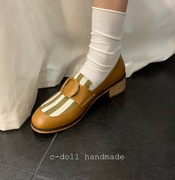 C-doll handmade 原创 美式浅咖色条纹复古木底中跟乐福鞋单鞋.