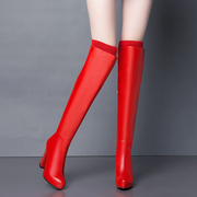 红色真皮高跟粗跟高筒长靴，过膝靴子女长筒靴，2023今年流行