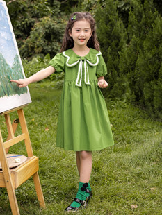 2023洋气夏季连衣裙儿童，网红裙子小女孩，绿色公主裙女童学院风