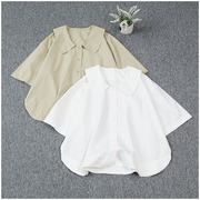 日系简约娃娃领短袖上衣，宽松版单排扣百搭纯色，衬衫夏季全棉
