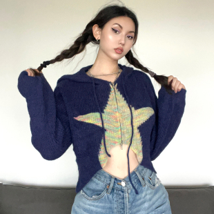 h家欧美女装俏皮千禧风，星星撞色连帽，毛织开衫女显瘦露脐毛衣外套