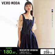 t区绫致VeroModa2024春夏优雅纱拼接牛仔收腰A字百褶连衣裙女