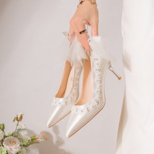 细跟主婚纱鞋蝴蝶结高跟鞋，女2023年白色婚鞋法式新娘结婚鞋子