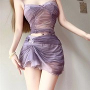 性感轻熟辣妹网纱套装女紫色蕾丝吊带背心上衣包，臀褶皱半身短裙子
