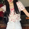 大码胖mm方领碎花短袖t恤女设计感小众夏季chic港味辣妹bm风上衣