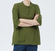 斯琴2023女夏季女纯棉绿色圆领套头落肩短袖T恤上衣BCXS02104