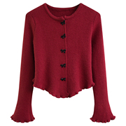 红色毛衣女冬季木耳边上衣温柔风气质圆领开衫显瘦长袖针织衫