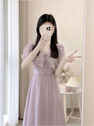紫色连衣裙女夏2022高级感荷叶边仙女裙法式v领收腰显瘦长裙