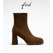 fed棕色短靴秋季女靴粗跟瘦瘦靴时装靴中筒靴女款R0828-YA611