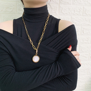 韩版罗马纹黑白双面贝壳毛衣链长款钛钢项链女网红潮个性时尚挂链