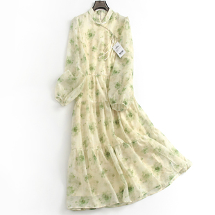 绿色印花裙立领新中式盘扣显瘦泡泡袖减龄女裙长袖旗袍连衣裙M692