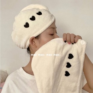 韩国ins网红简约三颗爱心刺绣干发帽吸水速干家用珊瑚绒包发毛巾