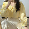奶黄色长袖衬衫女春季chic法式复古娃娃领上衣，设计感小众奶甜衬衣
