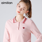 艾米恋polo衫女长袖秋季翻领，粉色上衣学生运动，带领打底衫白色t恤