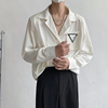 春季韩国高级感古巴领衬衫男长袖小众三角标设计感网红垂感衬衣潮