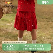 vauva纯棉灯芯绒女童，短裙春秋款红色丝绒，半身裙2024公主裙